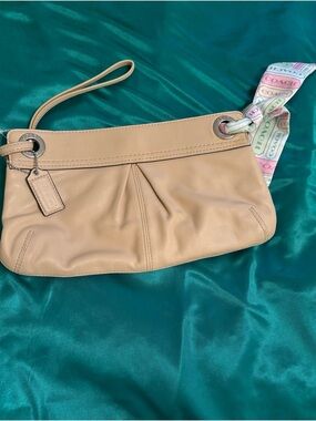 Coach beige Leather Wristlet with Logo Scarf Accent